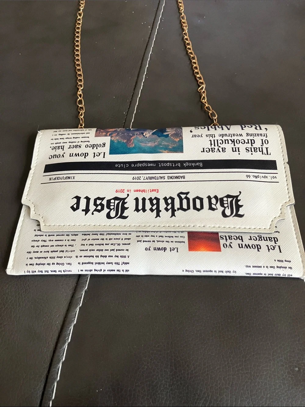 Newspaper Print White Clutch with Gold Chain Strap